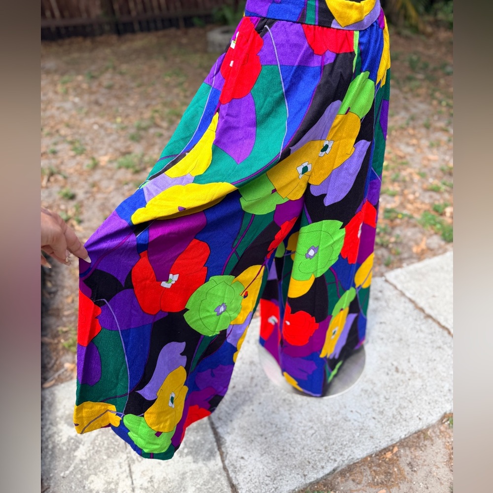 1960s 70s Handmade Day Flo Floral Barkcloth Palazzo Pants - Picture 3 of 13